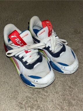 Puma Kids White Sneakers with Blue, Red & Neon Accents